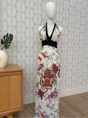 White Halter Maxi Dress with Colorful Floral and Tattoo Motif